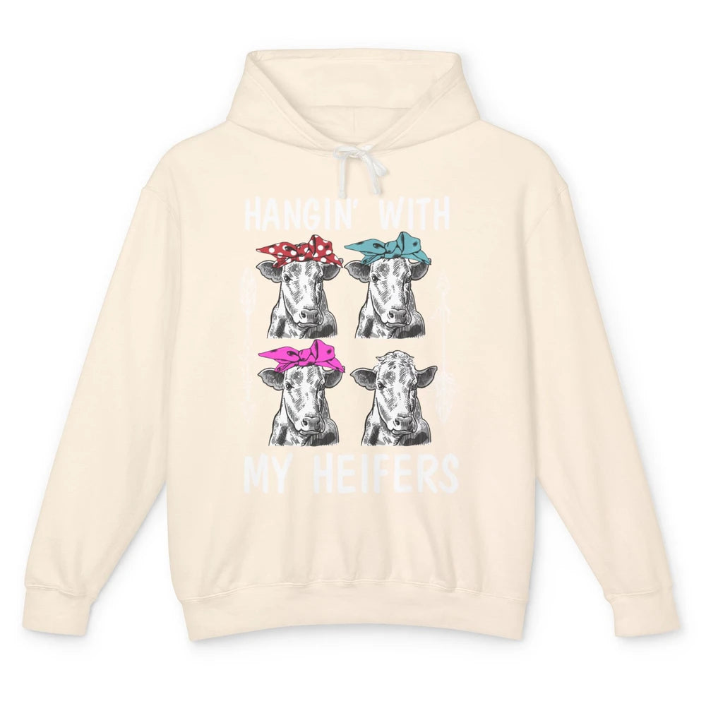 Funny Hanging With Heifer Retro Western Country Highland Cow Unisex Lightweight Hoodie