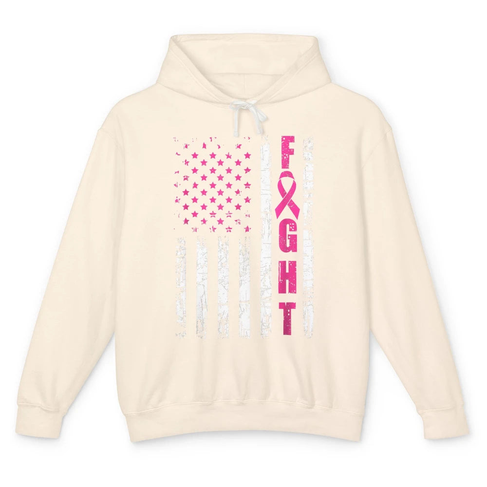 American Flag Fight Vintage Pink Ribbon Breast Cancer Month Unisex Lightweight Hoodie