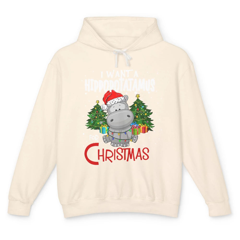 Funny I Want A Hippopotamus For Christmas Tree Hippo Santa Unisex Lightweight Hoodie