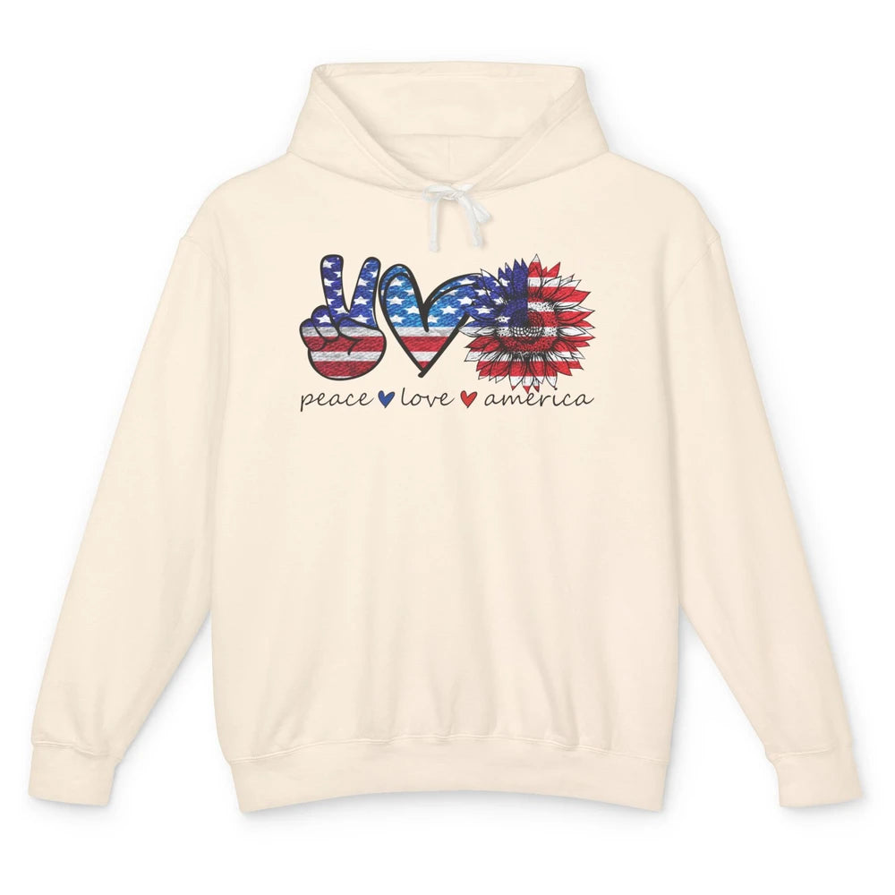 Peace Love America Flag Sunflower 4th of July Memorial Day Unisex Lightweight Hoodie