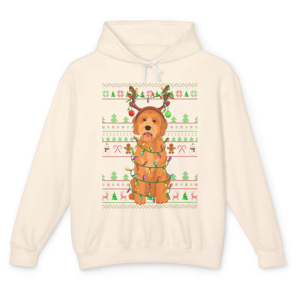 Merry Christmas Golden Doodle Dog Reindeer Xmas Lights Ugly Unisex Lightweight Hoodie