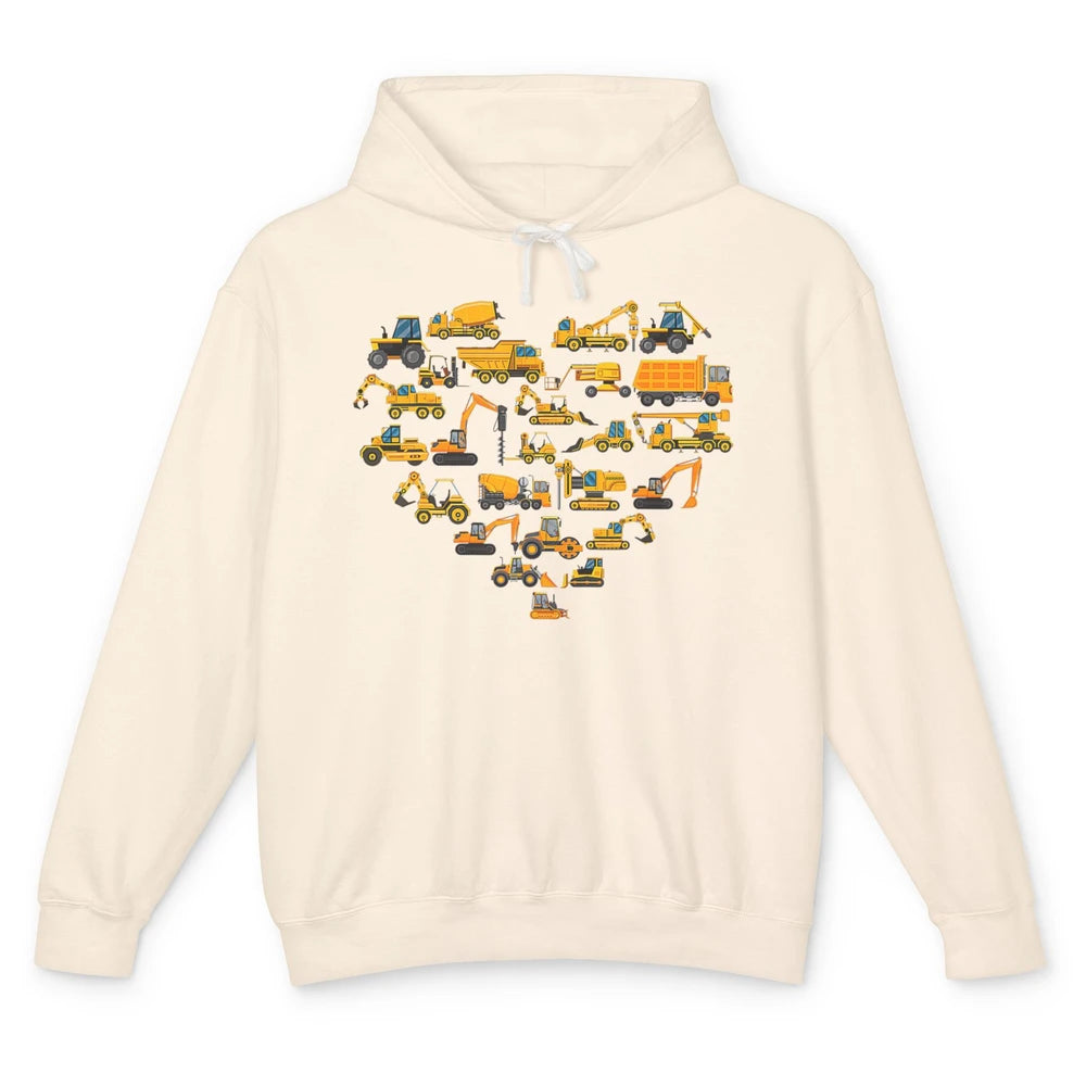 Types Of Construction Excavator Bulldozer Truck Heart Love Unisex Lightweight Hoodie