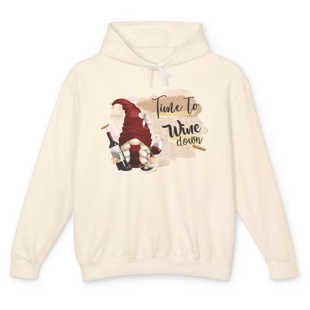 Christmas Gnome Wine It's Time to Wine Down Winter Holiday Unisex Lightweight Hoodie