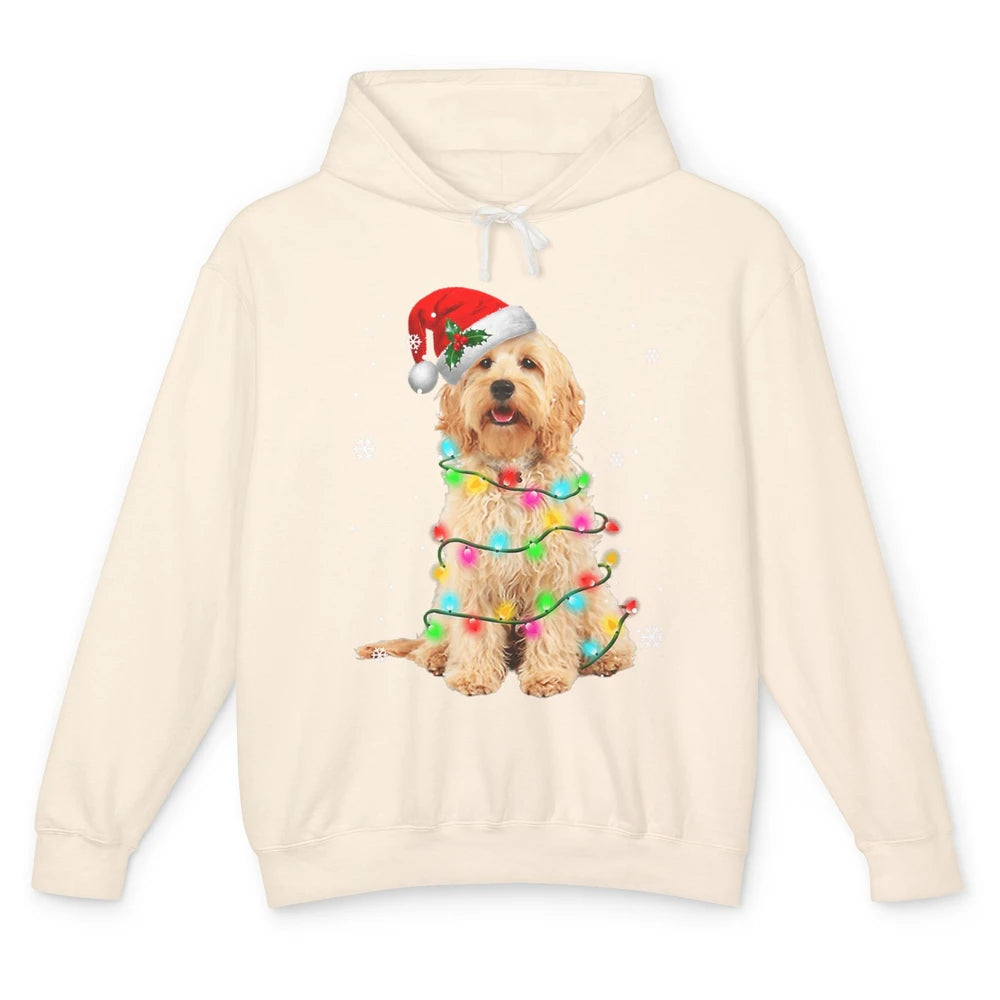 Merry Christmas Golden Doodle Dog Santa Hat Xmas Tree Lights Unisex Lightweight Hoodie