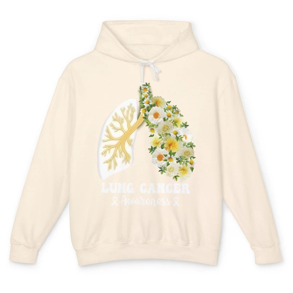 Floral Lung Cancer Awareness Warrior Wildflower White Ribbon Unisex Lightweight Hoodie