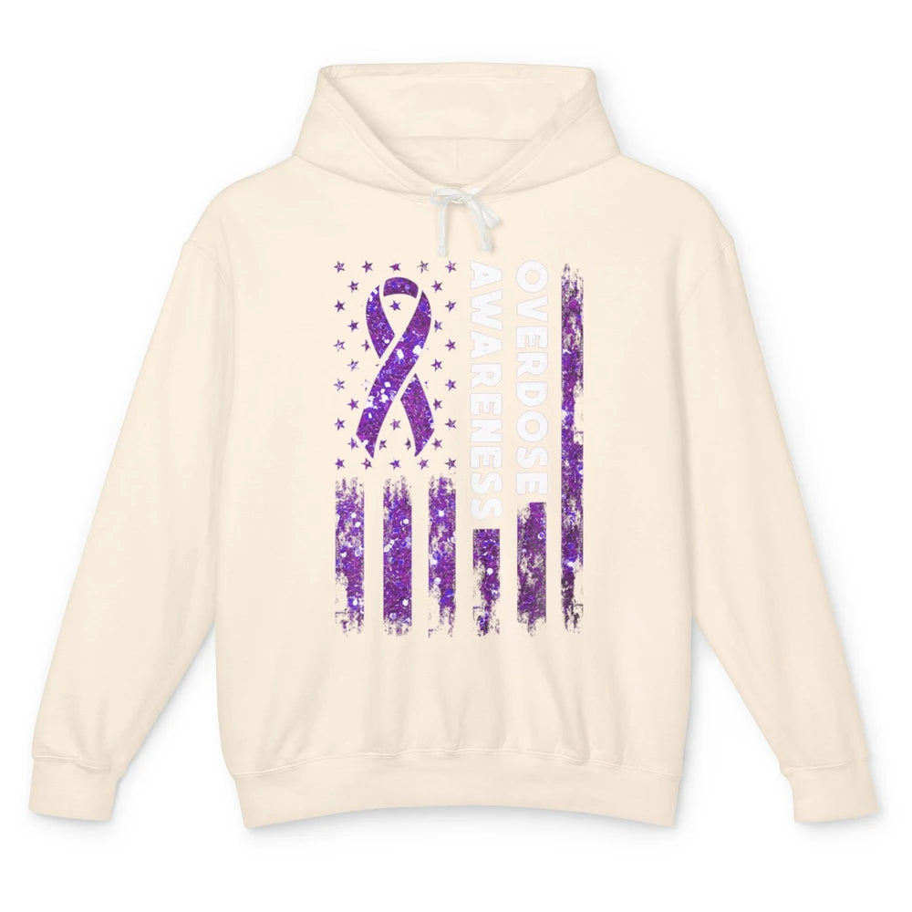 Overdose Awareness US Flag Purple Ribbon Addiction Warrior Unisex Lightweight Hoodie