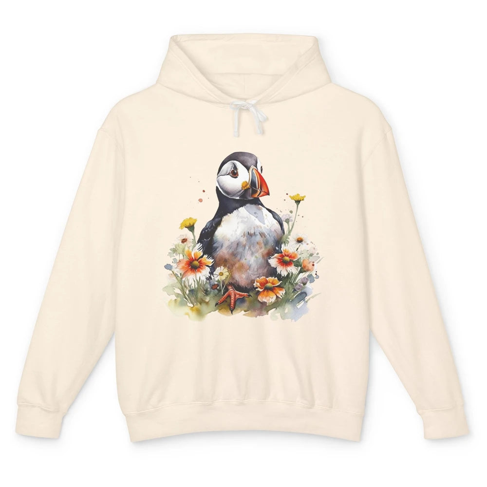 Funny Watercolor Penguin Colorful Wildflowers Field Animal Unisex Lightweight Hoodie