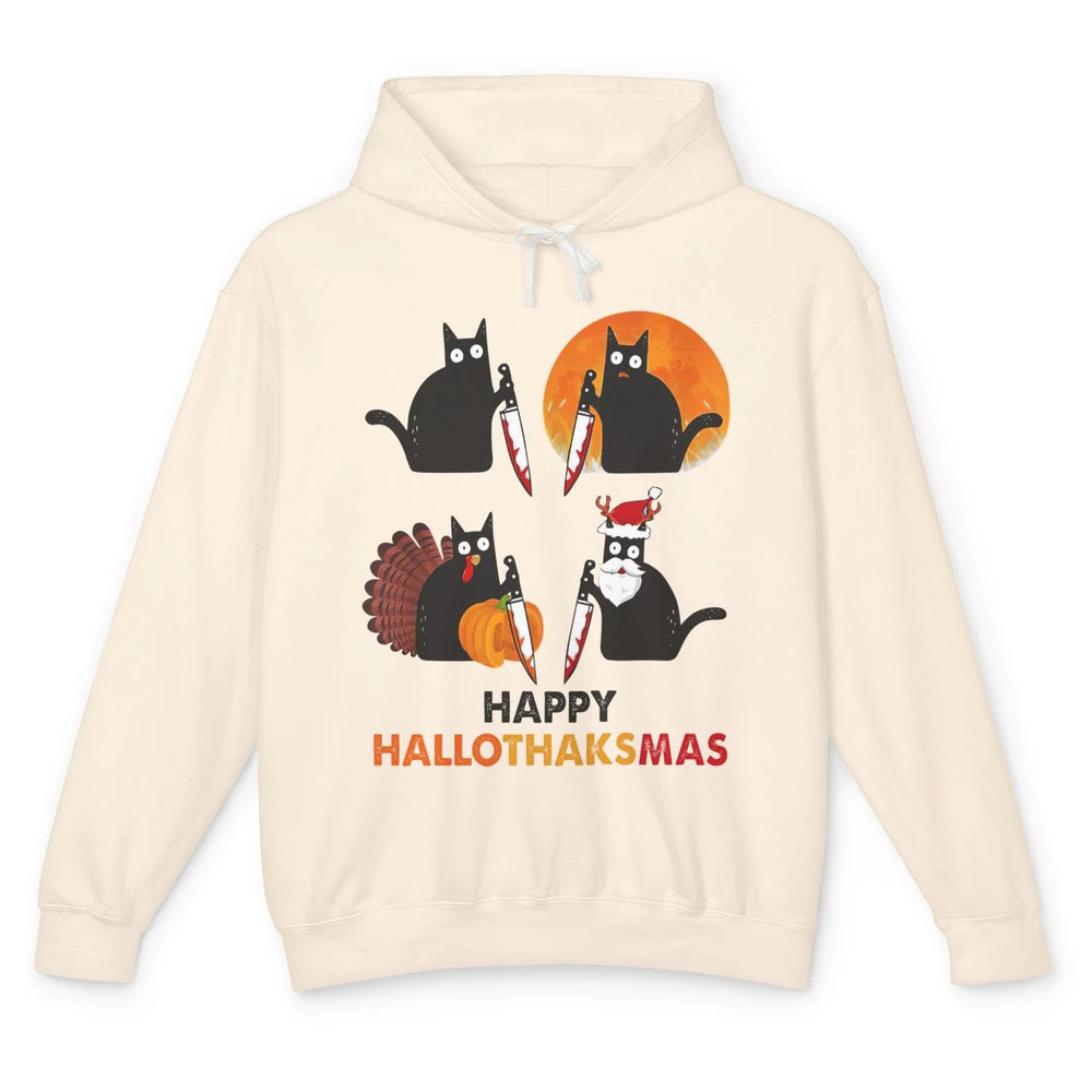 Funny Murderous Cat Turkey Hallo-thank-mas Thanksgiving Xmas Unisex Lightweight Hoodie