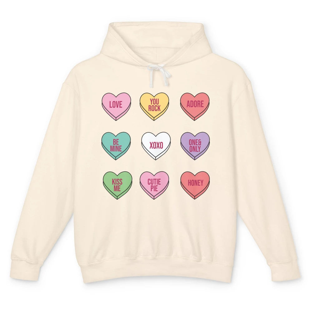 Conversation Hearts Valentines Love Boho V-Day Candy Rainbow Unisex Lightweight Hoodie