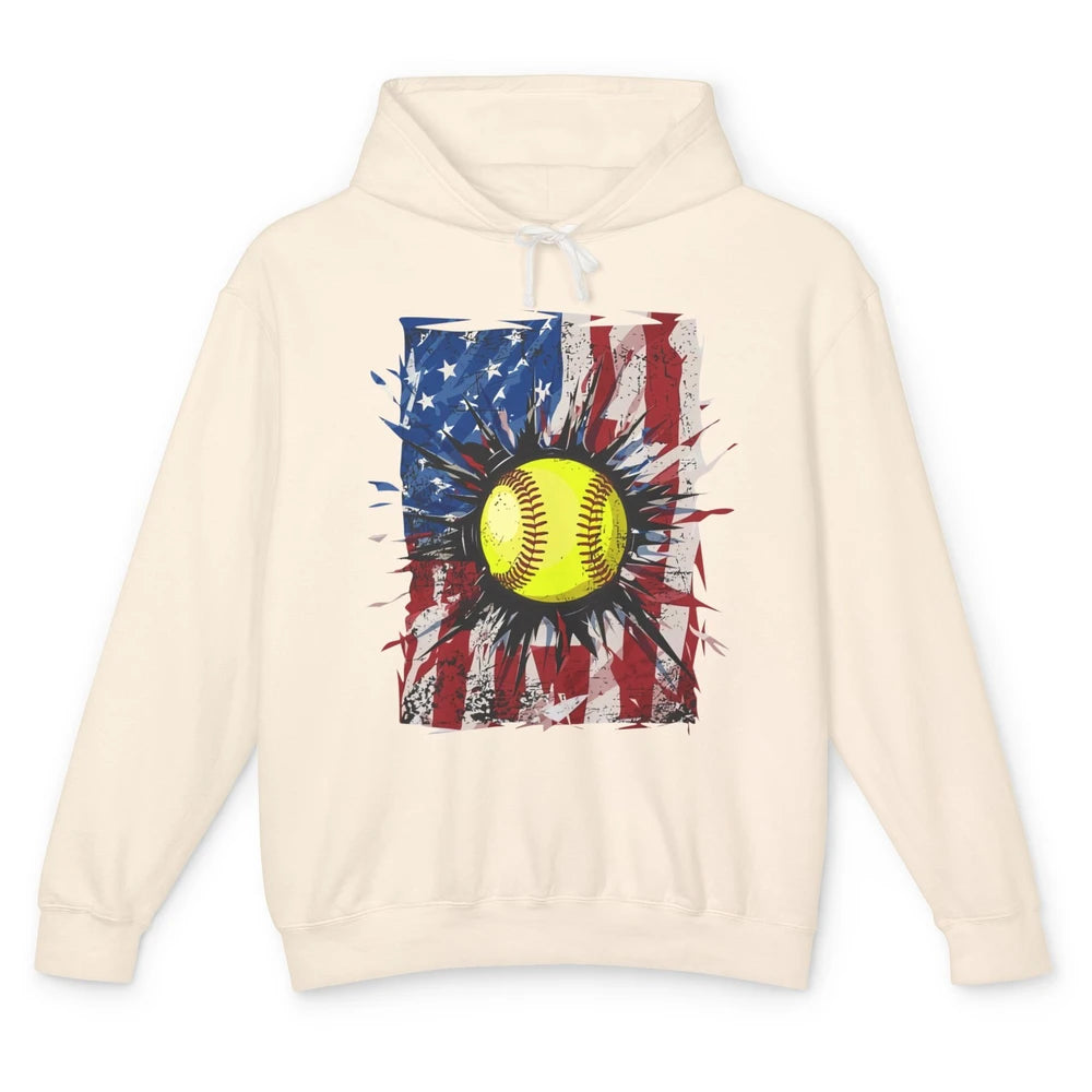 Retro US Flag Softball July 4th Baseball Players Patriotic Unisex Lightweight Hoodie