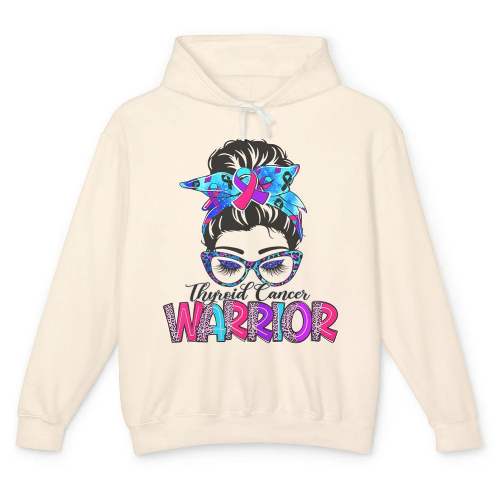 Messy Hair Bun Leopard Warrior Mom Thyroid Cancer Awareness Unisex Lightweight Hoodie