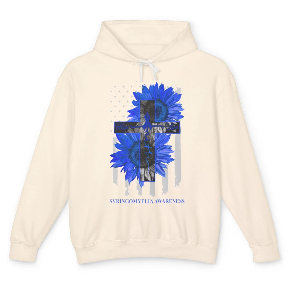 Syringomyelia Awareness Faith Hope Love Blue Ribbon US Flag Unisex Lightweight Hoodie