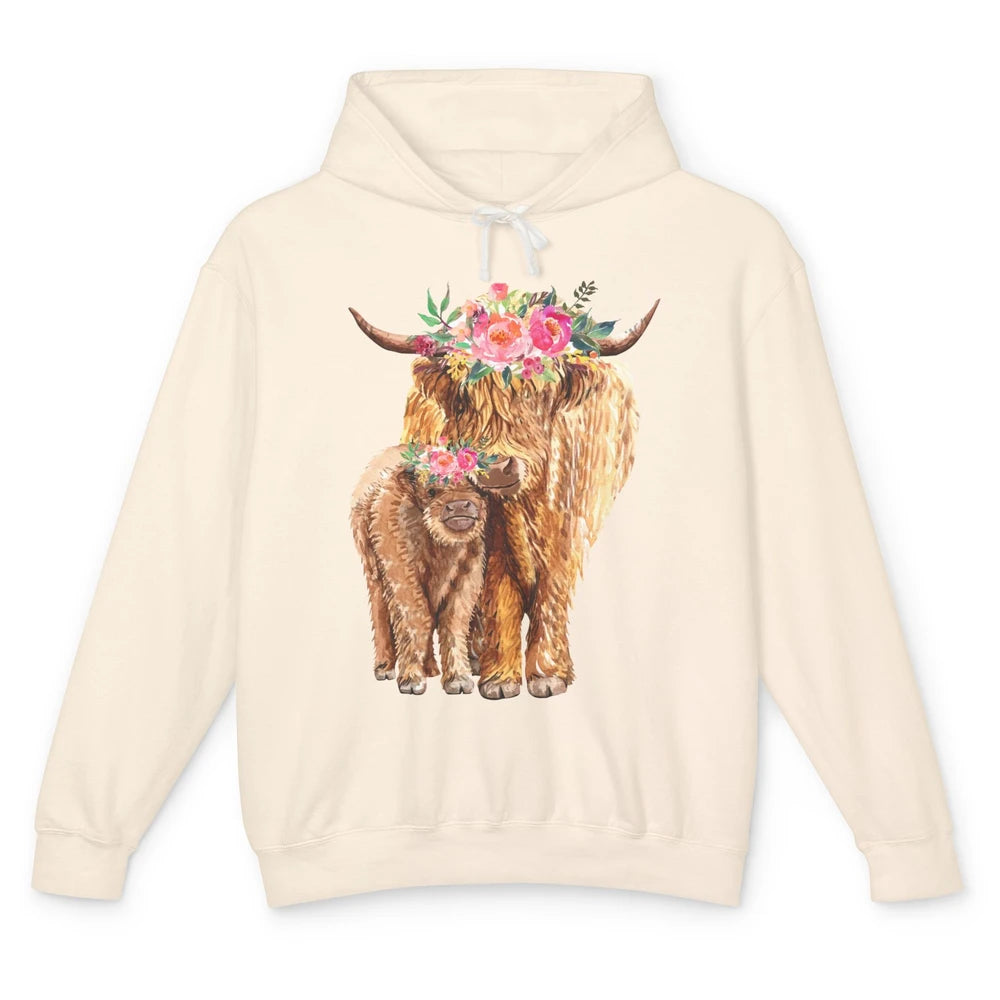 Floral Highland Cow Mom And Baby Western Country Heifer Mom Unisex Lightweight Hoodie