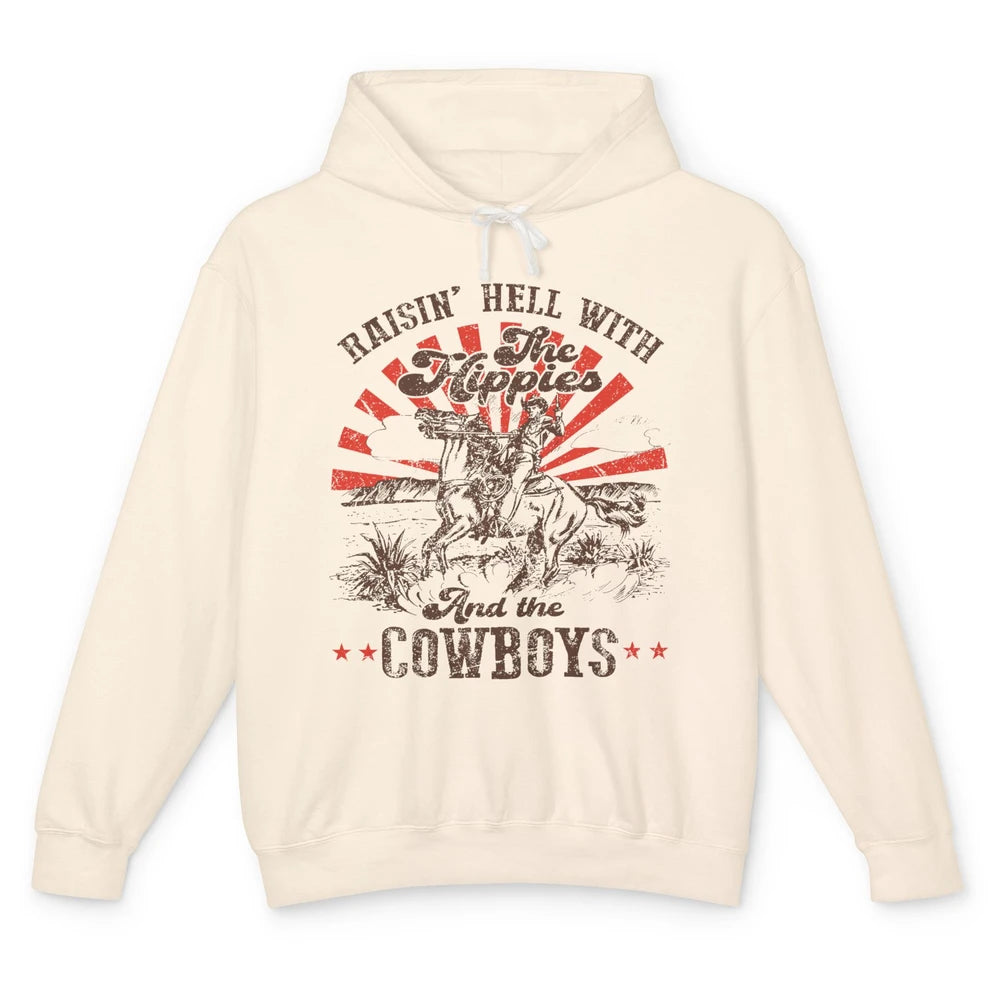 Retro Cowboy Raising Hell With Hippies And Cowboy Western Unisex Lightweight Hoodie