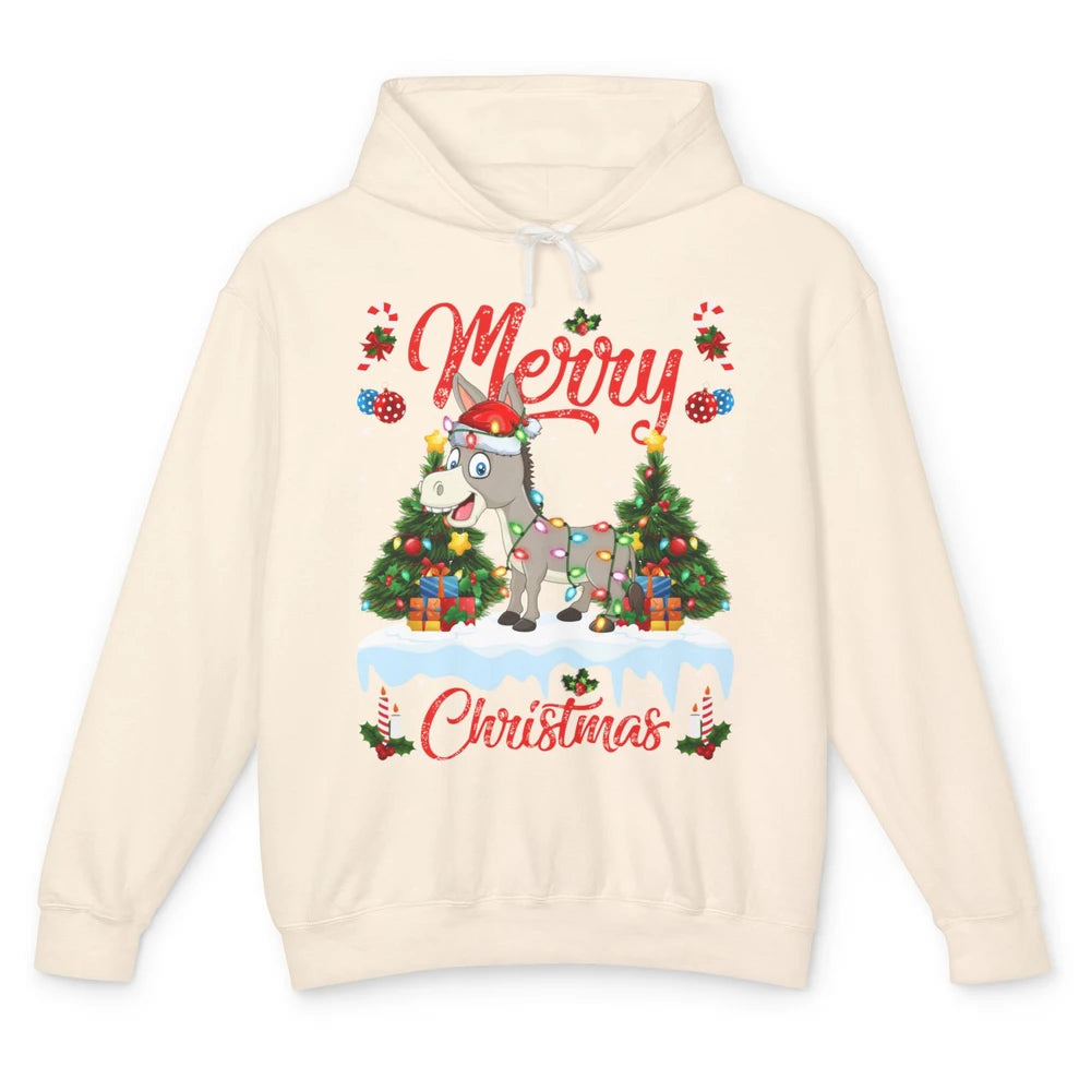 Merry Christmas Donkey Santa Claus Hat Xmas Tree Lights Snow Unisex Lightweight Hoodie