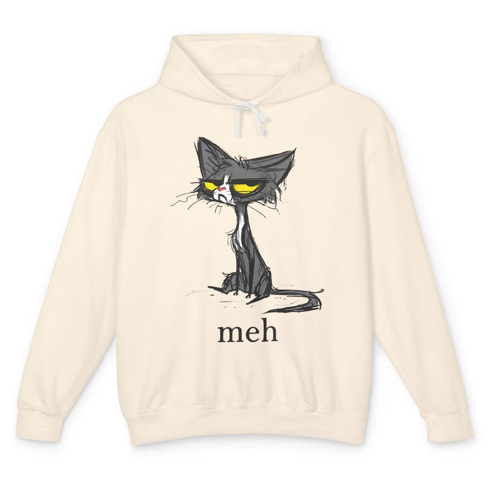 Funny Meh Grumpy Black Cat Sarcastic Kitten Angry Cat Mom Unisex Lightweight Hoodie