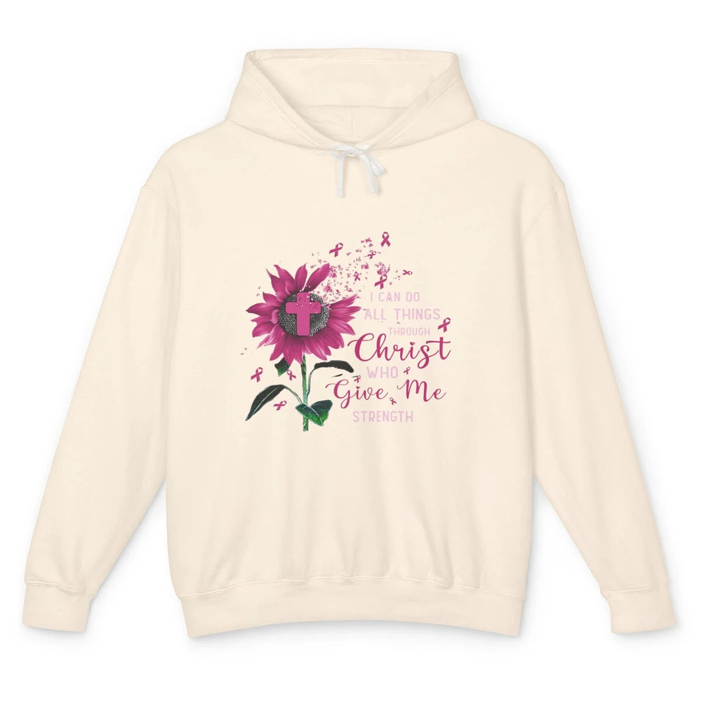 Breast Cancer Month Sunflower God Strength Cross Pink Ribbon Unisex Lightweight Hoodie