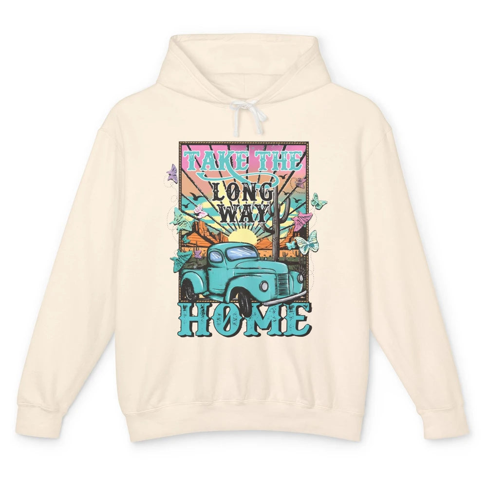 Retro Mountain Sunset Take The Long Way Home Western Country Unisex Lightweight Hoodie