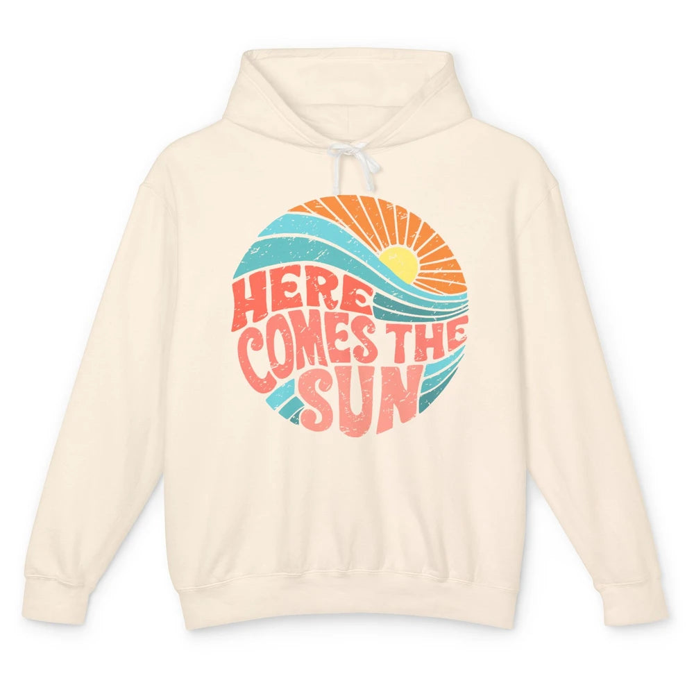 Retro Rainbow Sunrise Here Comes The Sun Hippie Girl Unisex Lightweight Hoodie