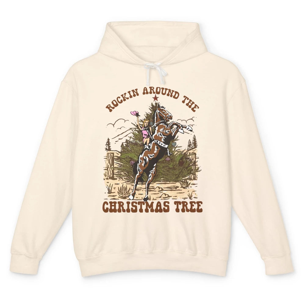 Funny Cowgirl Horsing Rocking Around Christmas Tree Western Unisex Lightweight Hoodie