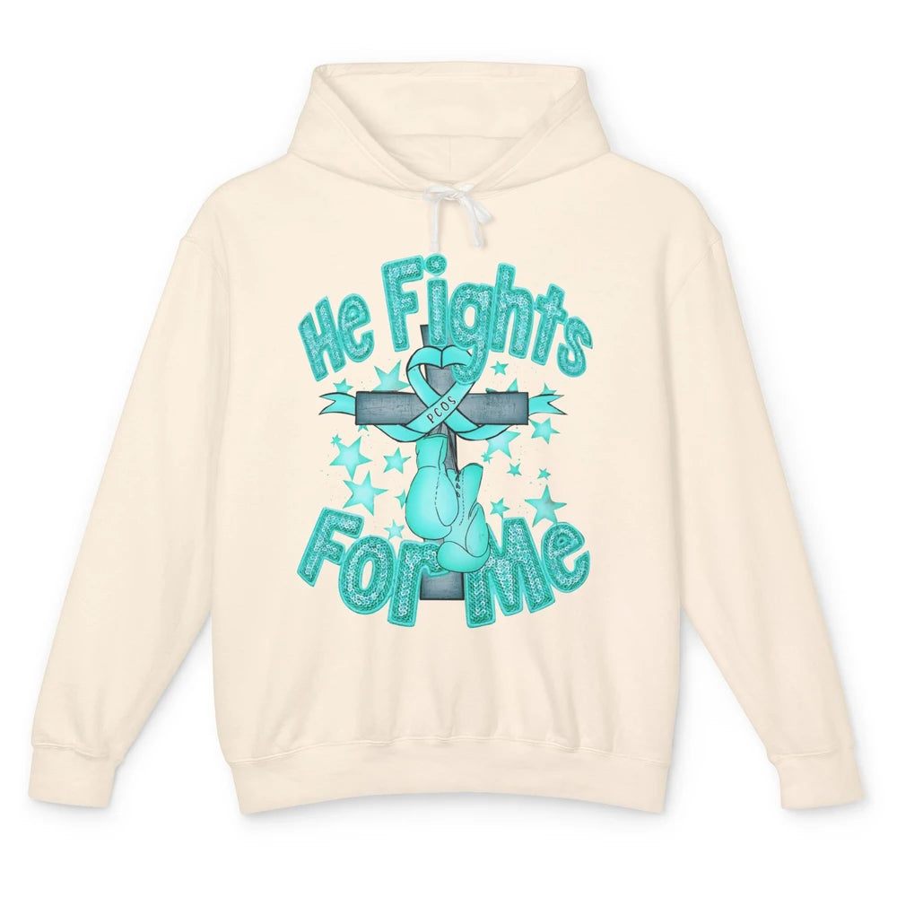 PCOS Awareness He Fights For Me Jesus Cross Teal Ribbon Unisex Lightweight Hoodie