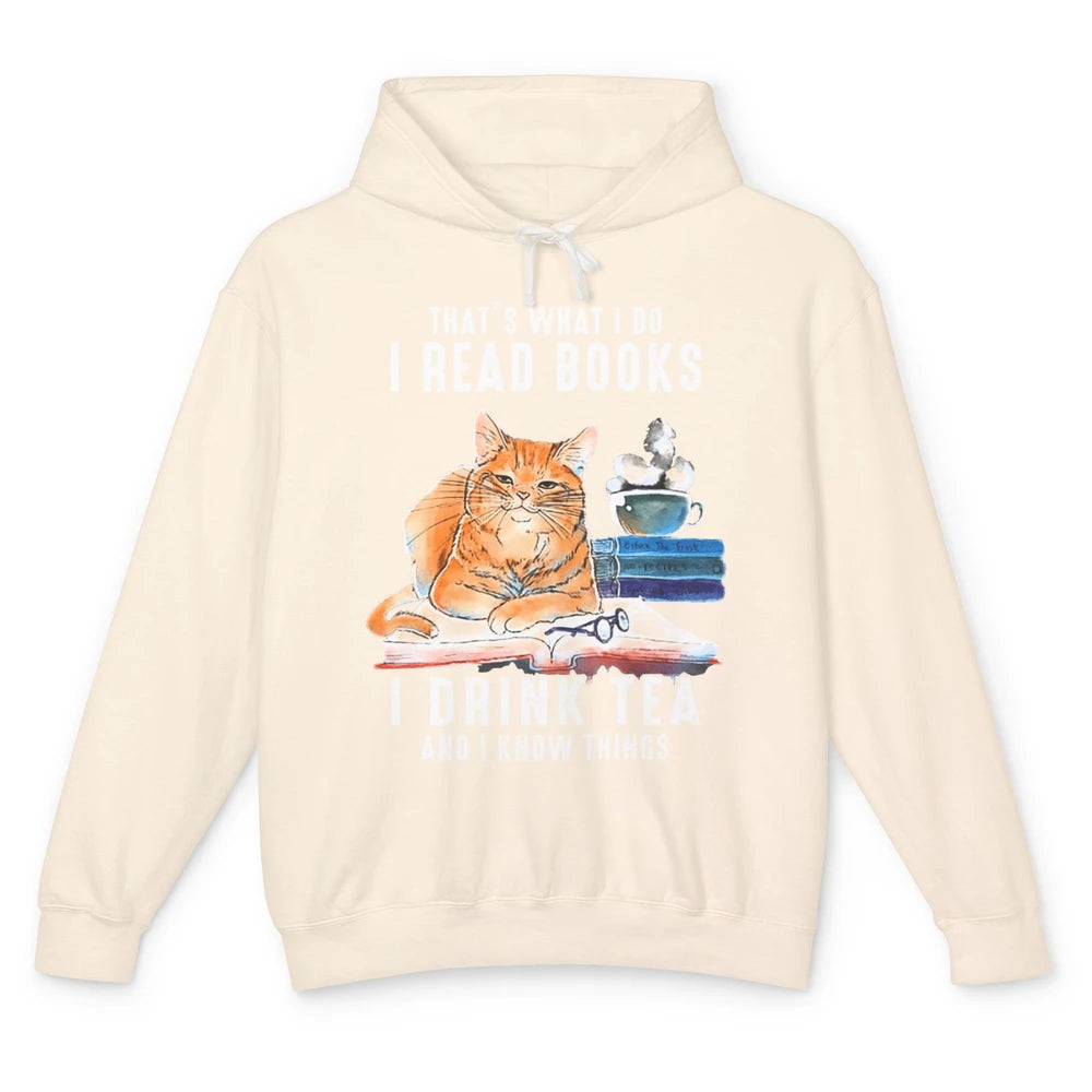 Funny That What I Do I Read Books Drink Tea And I Know Things Sarcastic Orange Cat Book Reader Kitten Bookworm Unisex Lightweight Hoodie