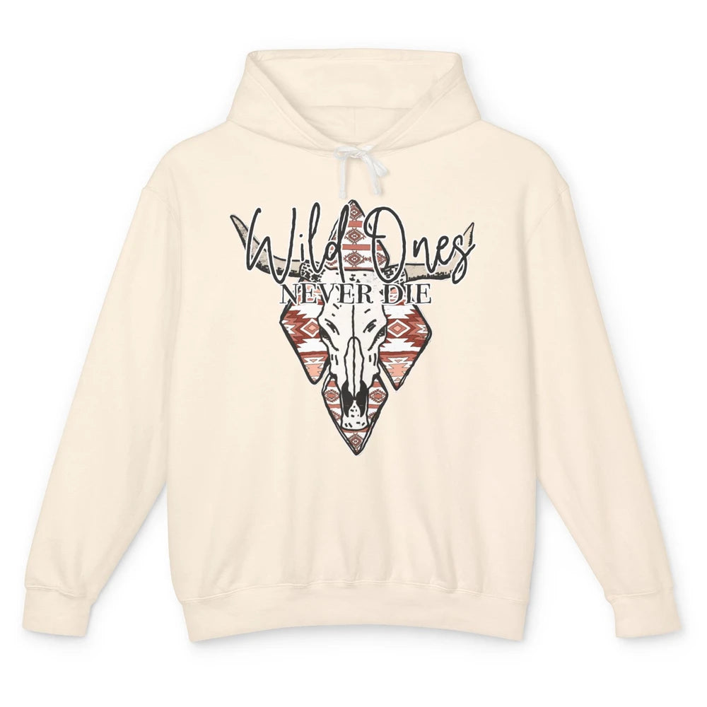 Retro Bull Skull Aztec Wild Ones Never Die Western Country Unisex Lightweight Hoodie