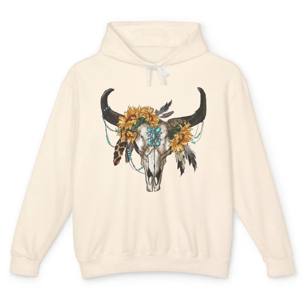 Retro Sunflower Boho Bull Skull Western Country Cowgirl Gift Unisex Lightweight Hoodie