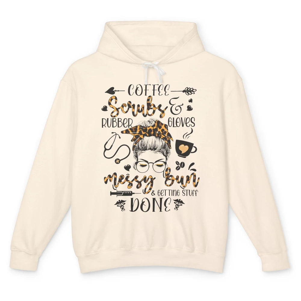 Messy Bun Hair Nurse Life Coffee Scrubs And Gloves Leopard Unisex Lightweight Hoodie