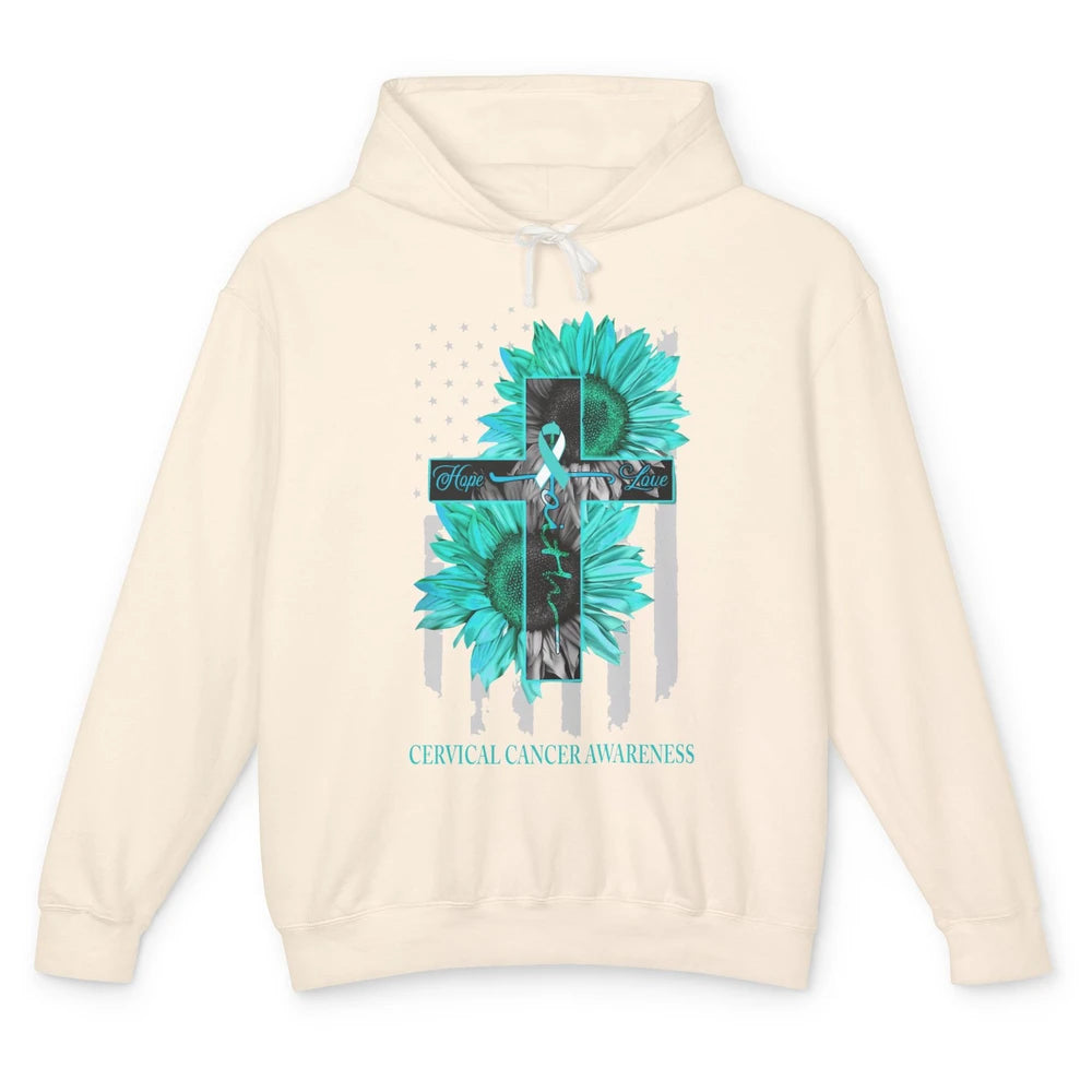 Cervical Cancer Faith Hope Turquoise US Flag Jesus Cross Unisex Lightweight Hoodie