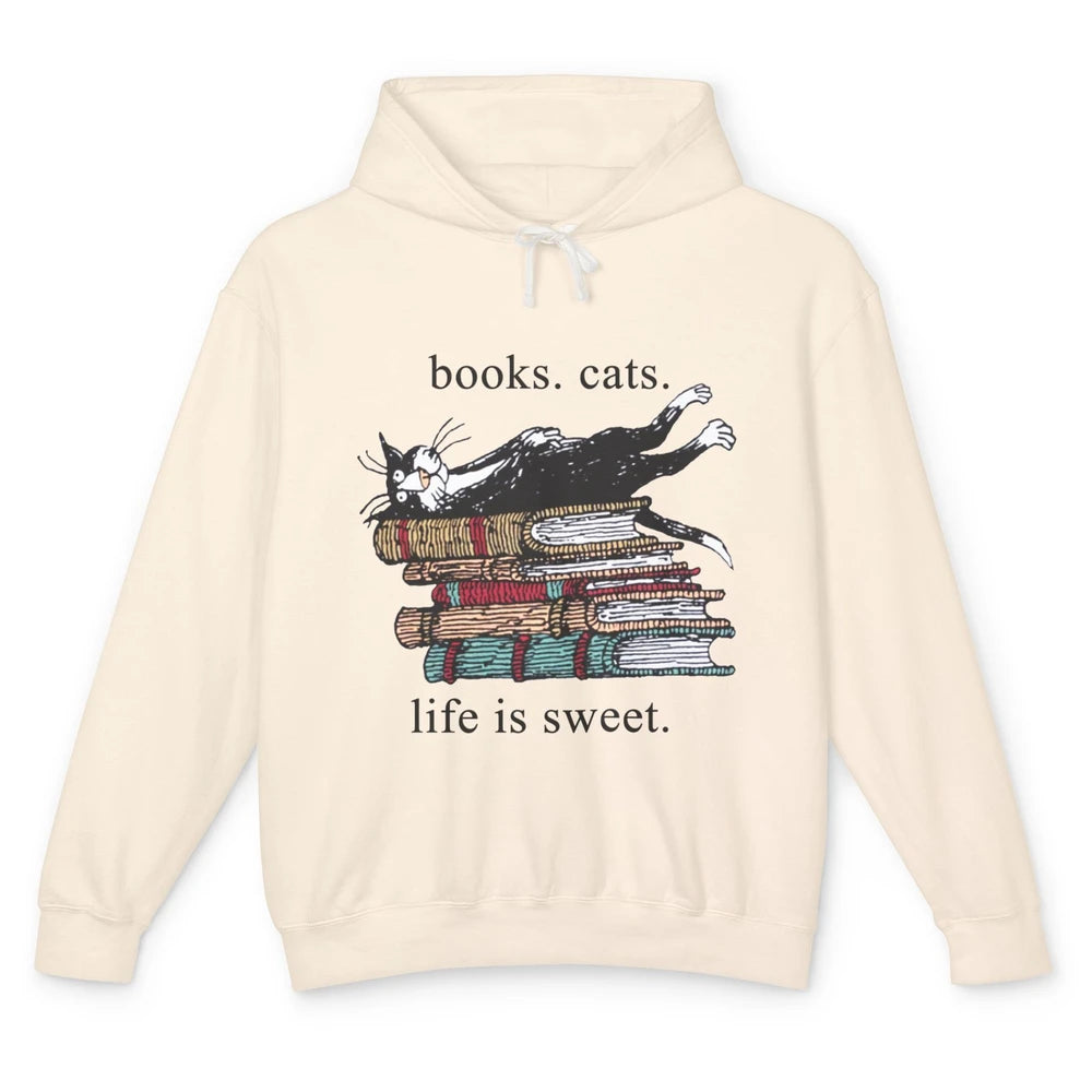 Books Cats Life Is Sweet Cat Book Lovers Reading Book Unisex Lightweight Hoodie