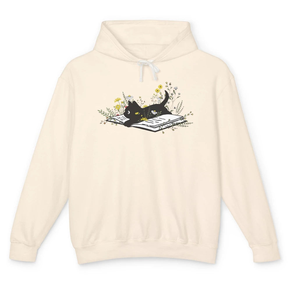 Cute Book Cat Floral Book Nerd Black Cat Lover Reader Gift Unisex Lightweight Hoodie