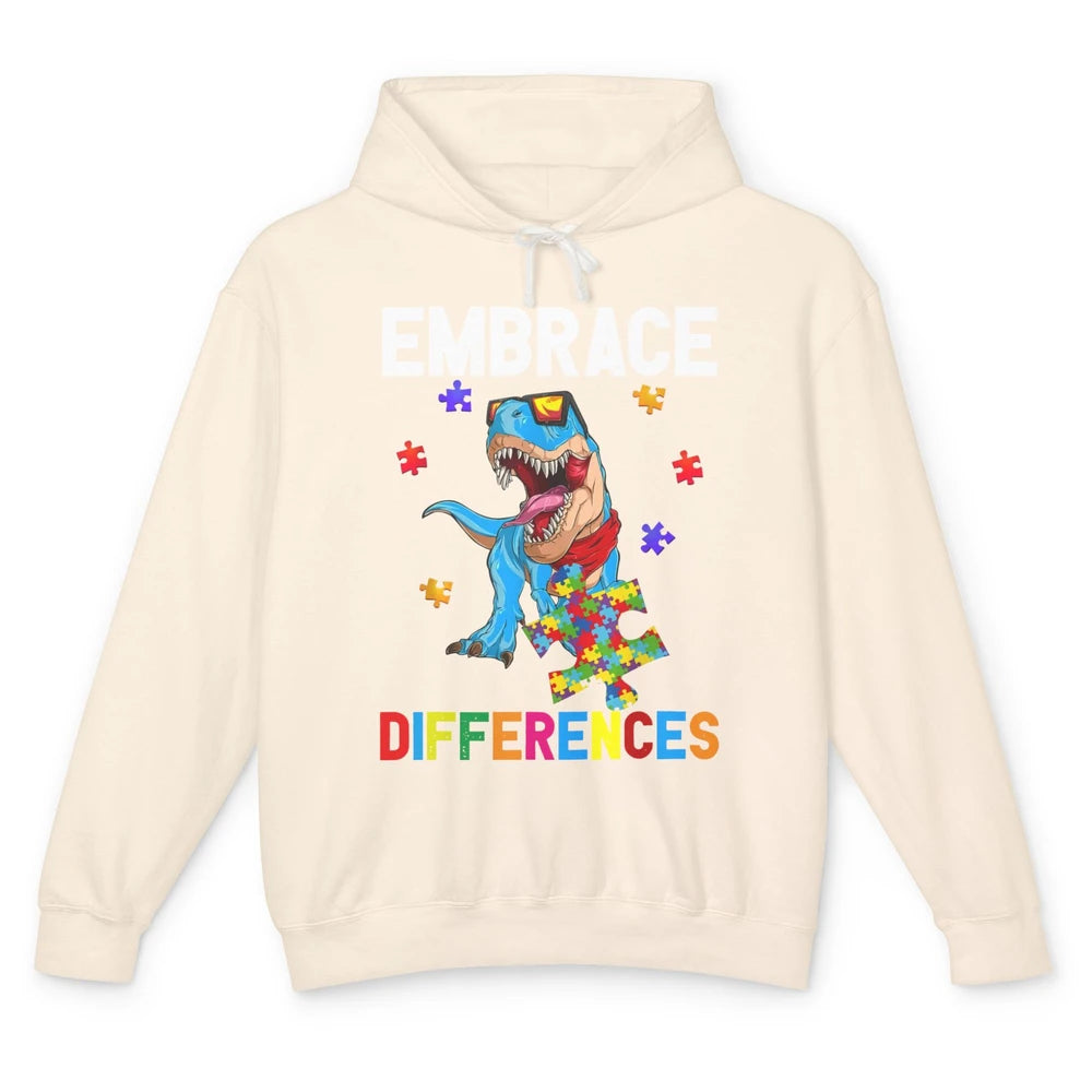 Autism Awareness Dinosaur Puzzle Piece Embrace Differences Unisex Lightweight Hoodie