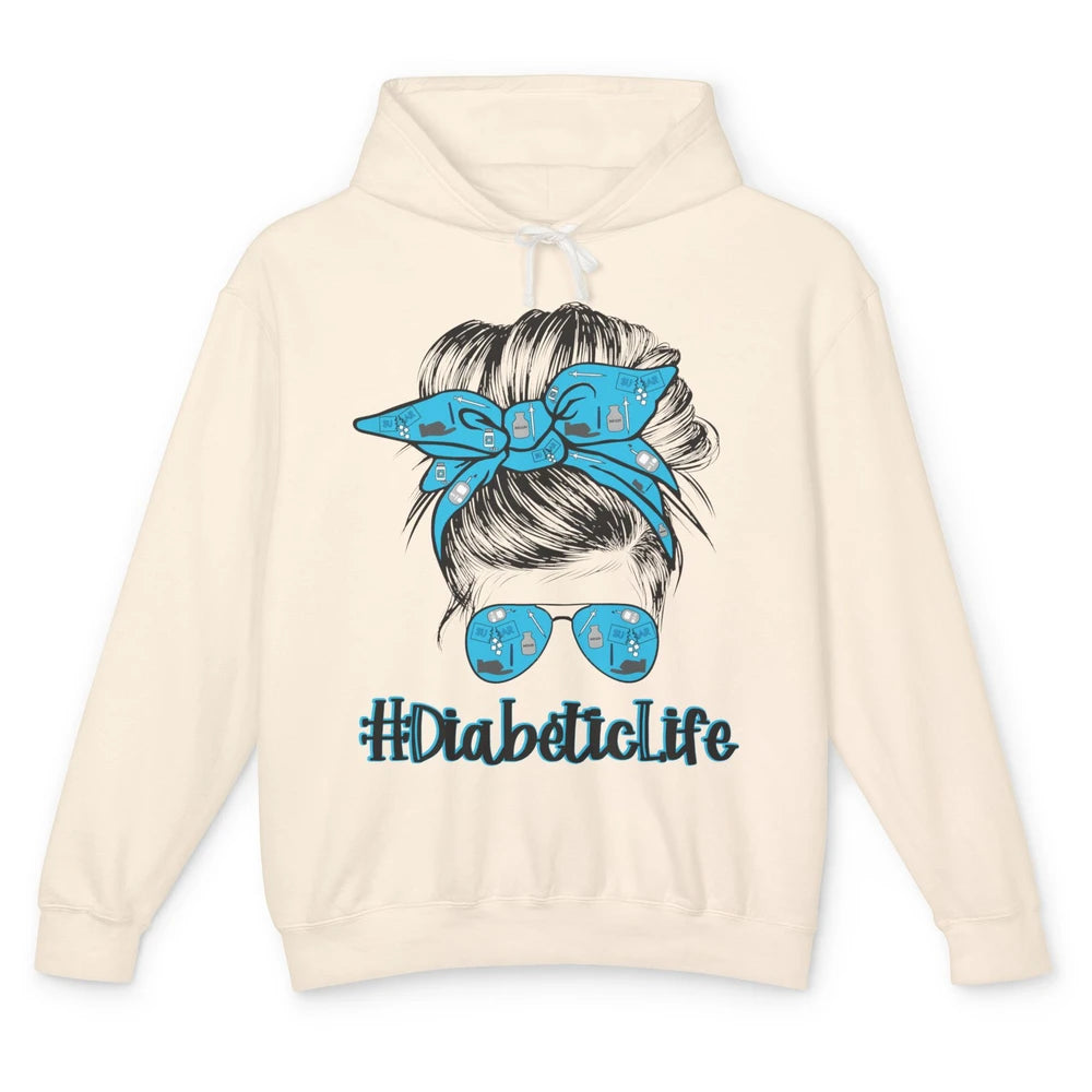 Diabetic Life Mom Messy Bun Blue Ribbon Diabetes Awareness Unisex Lightweight Hoodie