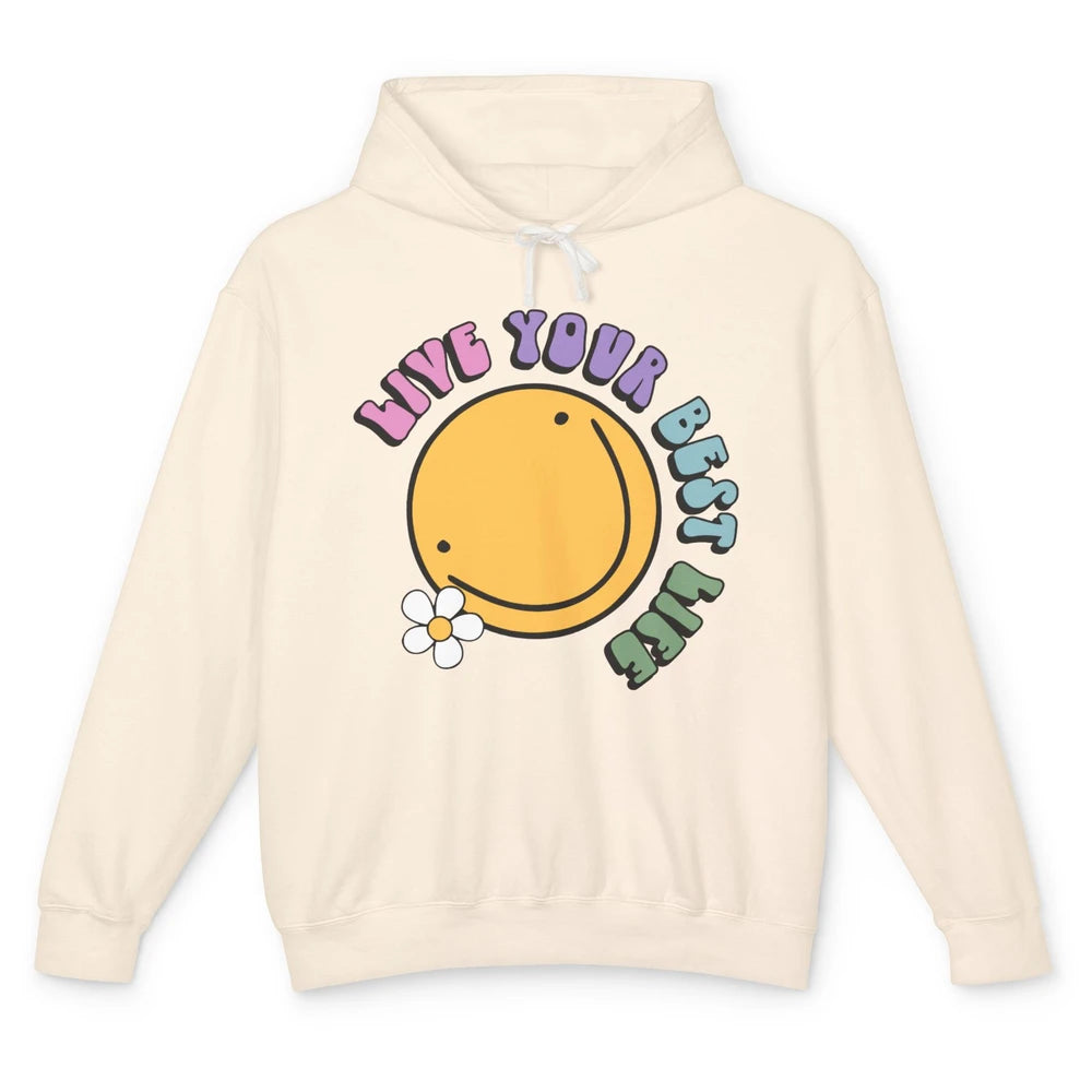 Retro Groovy Smile Face Live Your Best Life Motivational Unisex Lightweight Hoodie