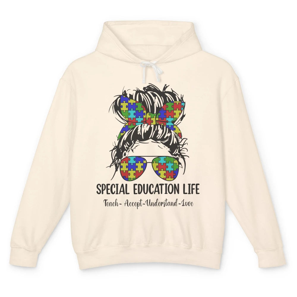 Special Education Teacher Messy Bun Autism Teach Accept Love Unisex Lightweight Hoodie