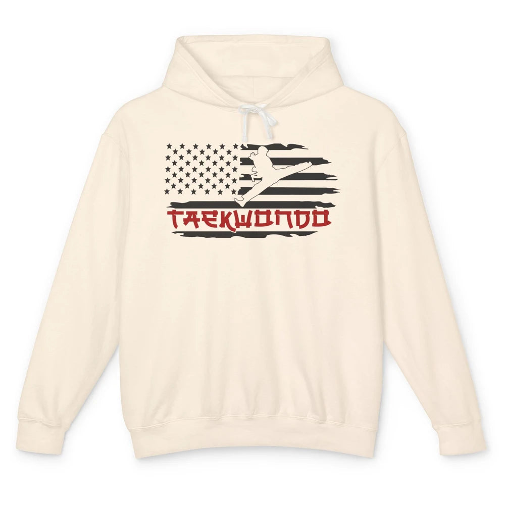 Taekwondo American Flag Karate Girl Boy Martial Art Gift Unisex Lightweight Hoodie