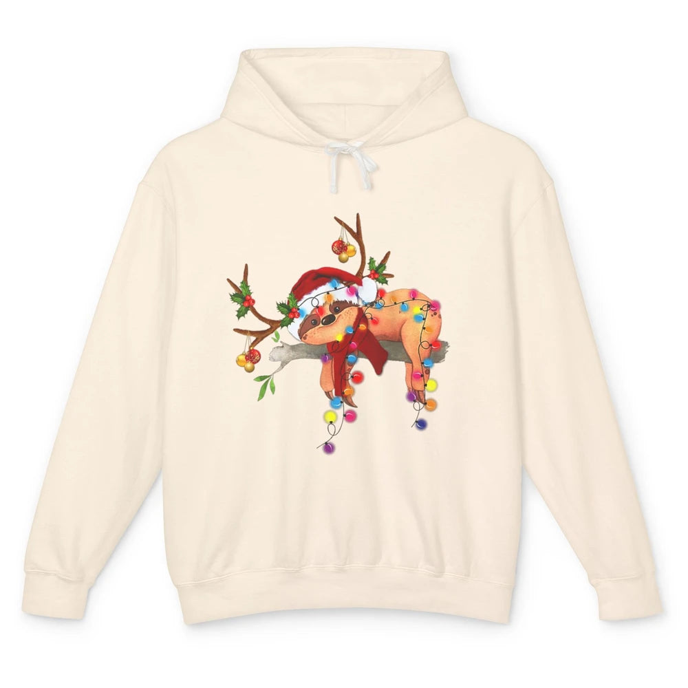 Merry Christmas Santa Claus Hat Sloth Reindeer Xmas Lights Unisex Lightweight Hoodie