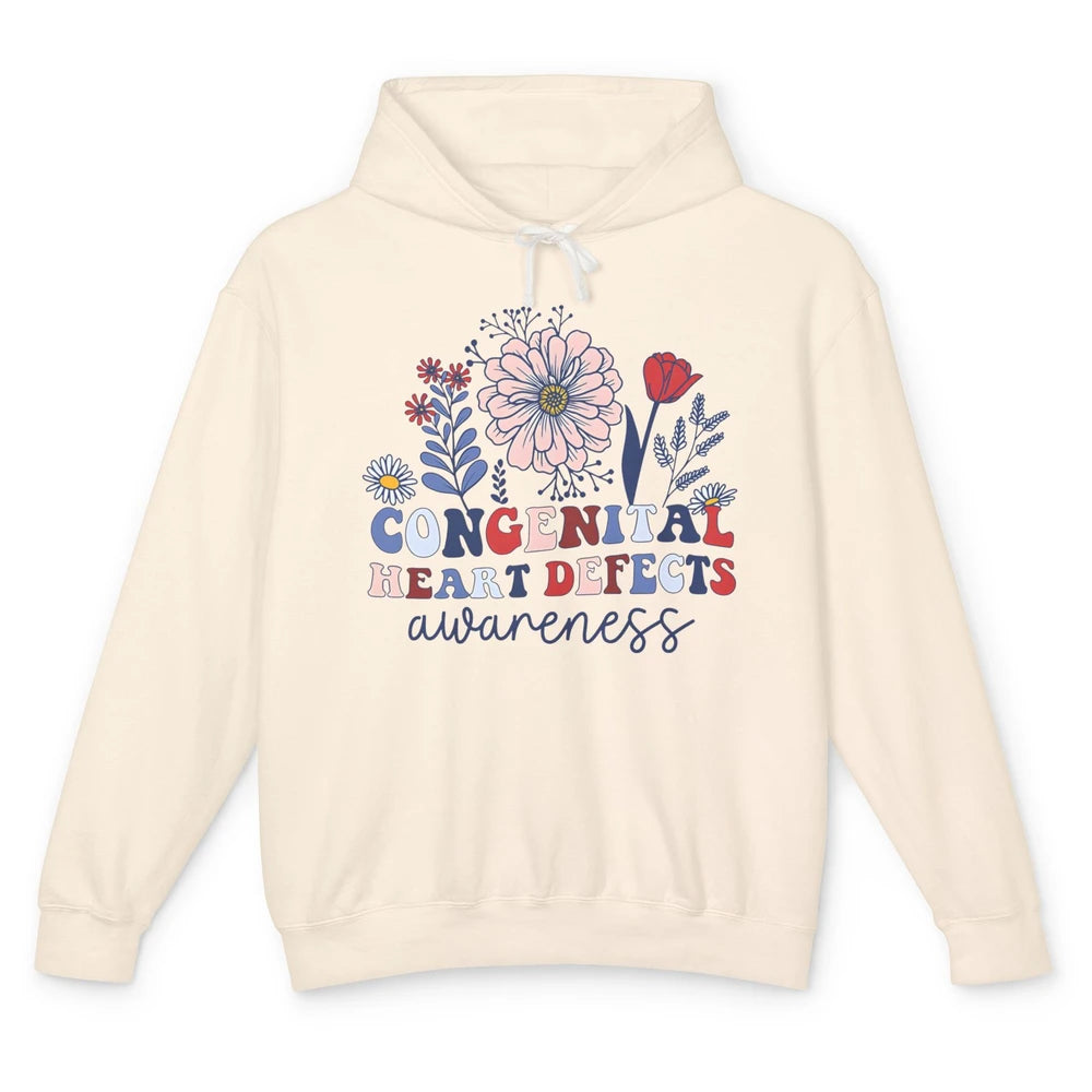 Congenital Heart Defects CHD Awareness Red Ribbon Wildflower Unisex Lightweight Hoodie