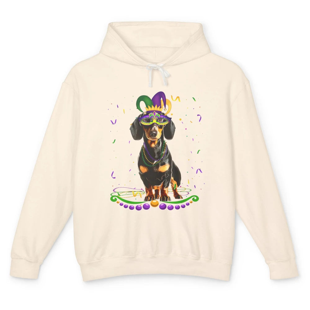 Mardi Gras Dachshund Wearing Carnival Mask Festival Dog Mom Unisex Lightweight Hoodie