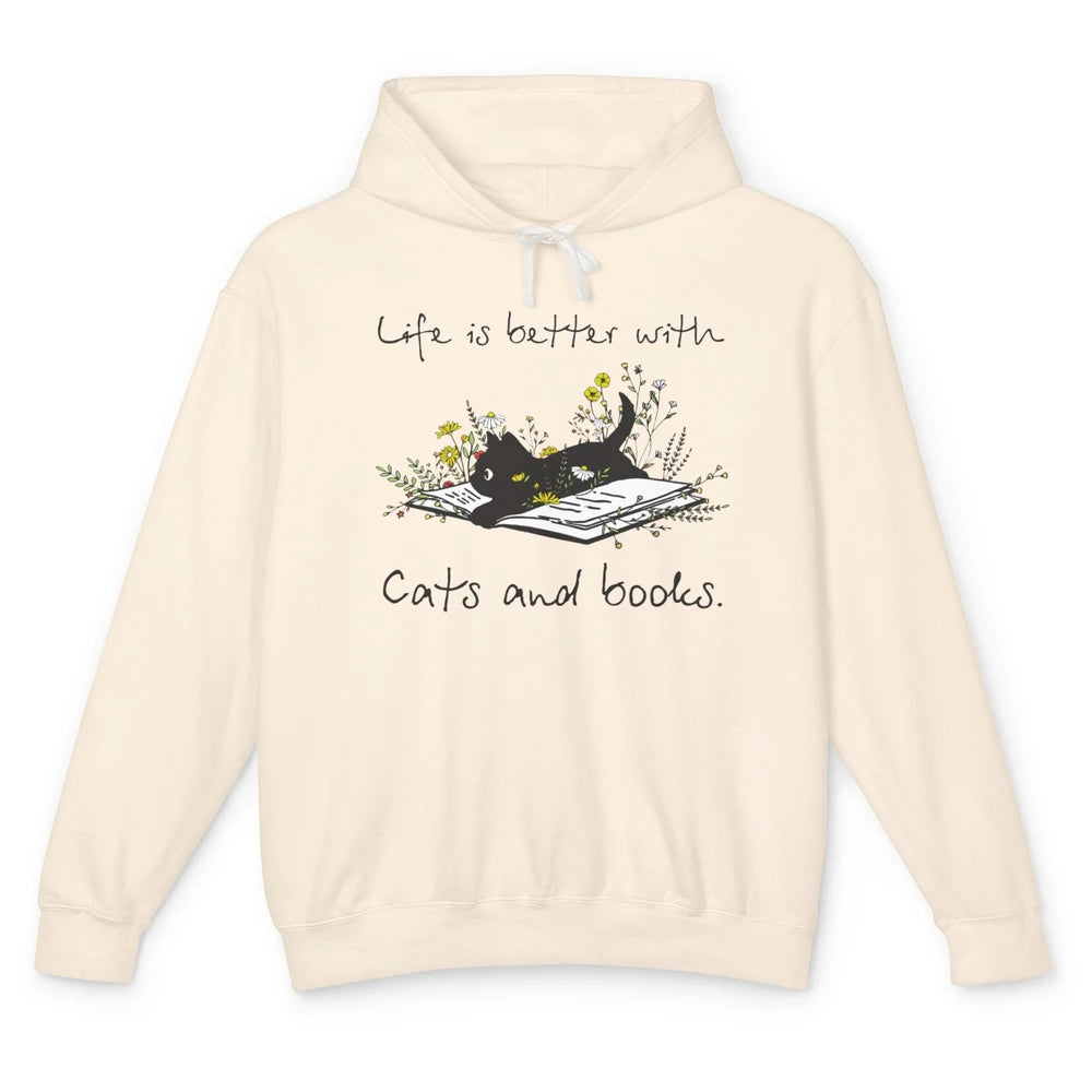 Funny Black Cat And Floral Book Cute Kitten Minimal Flowers Unisex Lightweight Hoodie