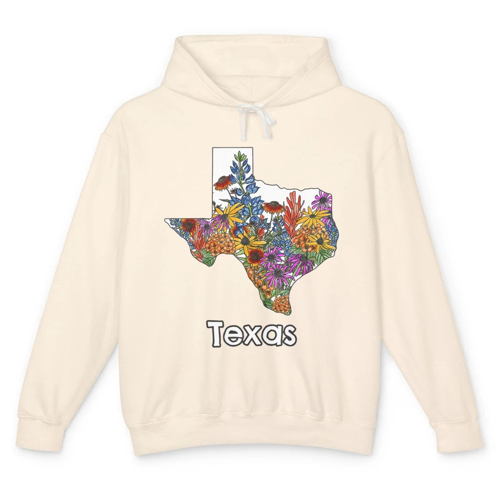 Texas Map Pride Wildflower Western Country Bluebonnet Flower Unisex Lightweight Hoodie