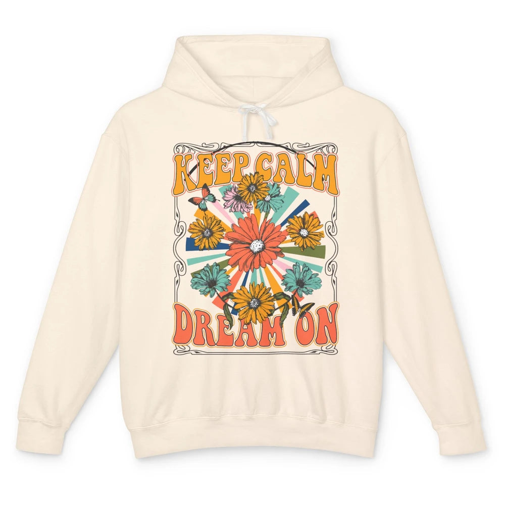 Retro Floral Rainbow Keep Calm Dream On Peace Hippie Girl Unisex Lightweight Hoodie