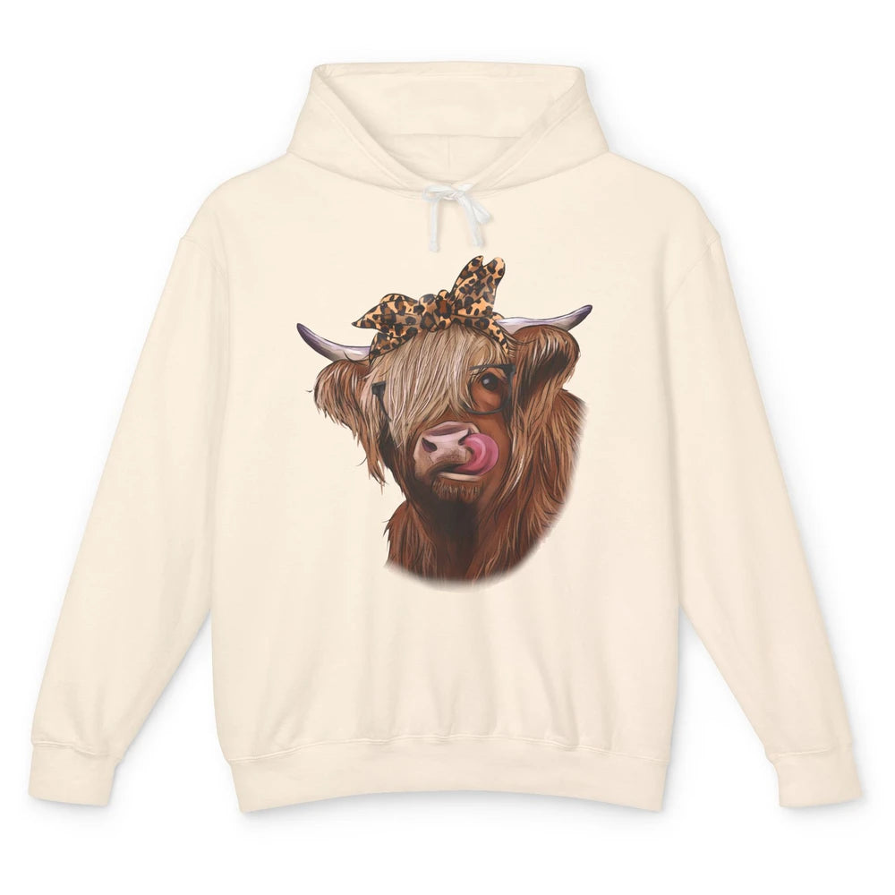 Highland Cow Glasses Leopard Bandana Western Farm Animals Unisex Lightweight Hoodie