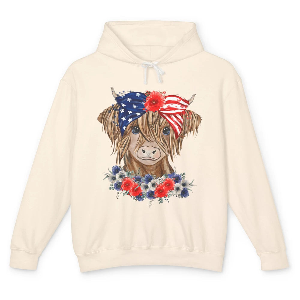 Funny Heifer Highland Cow Bandana America Flag 4th Of July Unisex Lightweight Hoodie