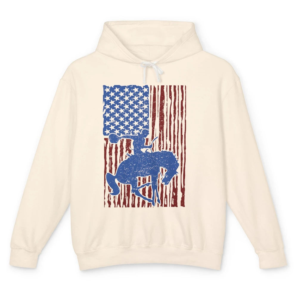 Retro US Flag Cowboy Horsing Rodeo Western July 4th Patriots Unisex Lightweight Hoodie