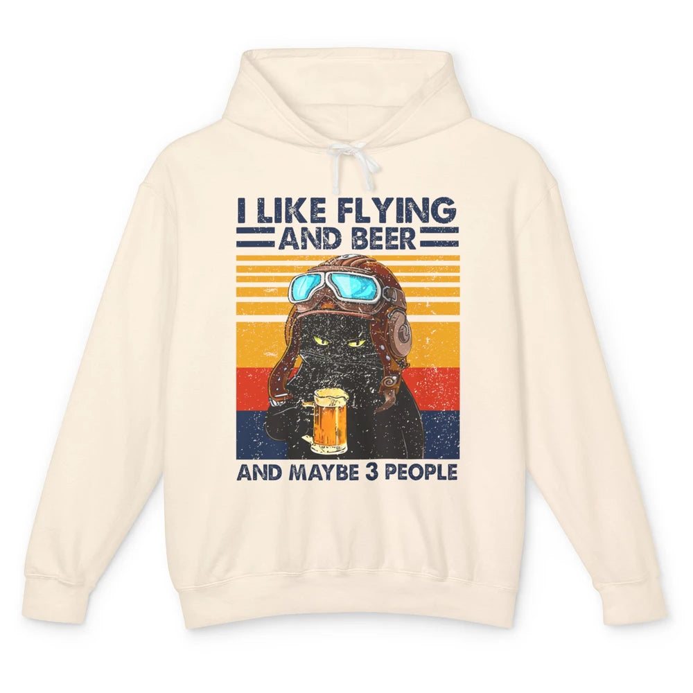 Funny Black Cat Skydiving I Like Flying Beer Maybe 3 People Unisex Lightweight Hoodie