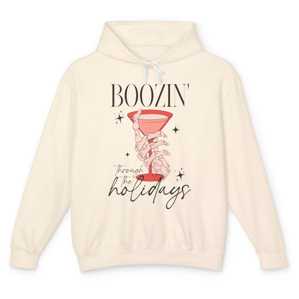 Boozin’ Through The Holidays Christmas Drinking Wine Glass Unisex Lightweight Hoodie