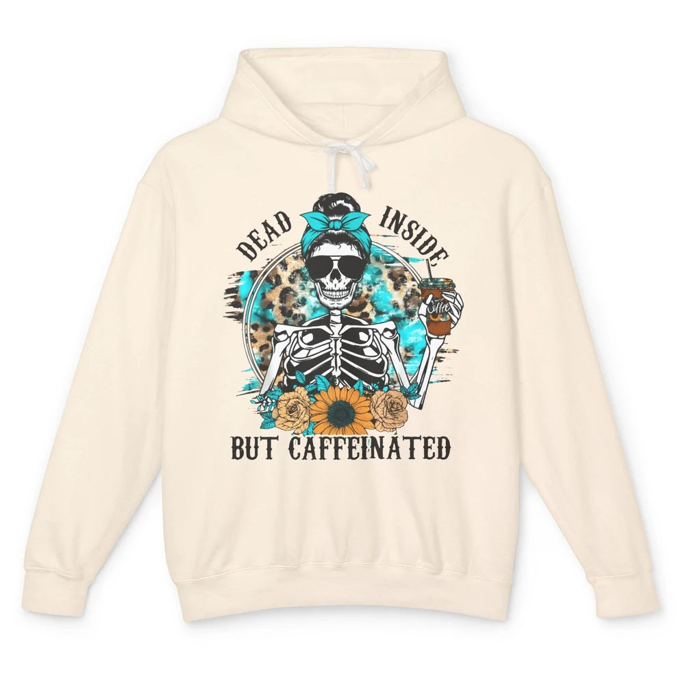 Funny Messy Bun Skull Dead Inside But Caffeinated Halloween Unisex Lightweight Hoodie