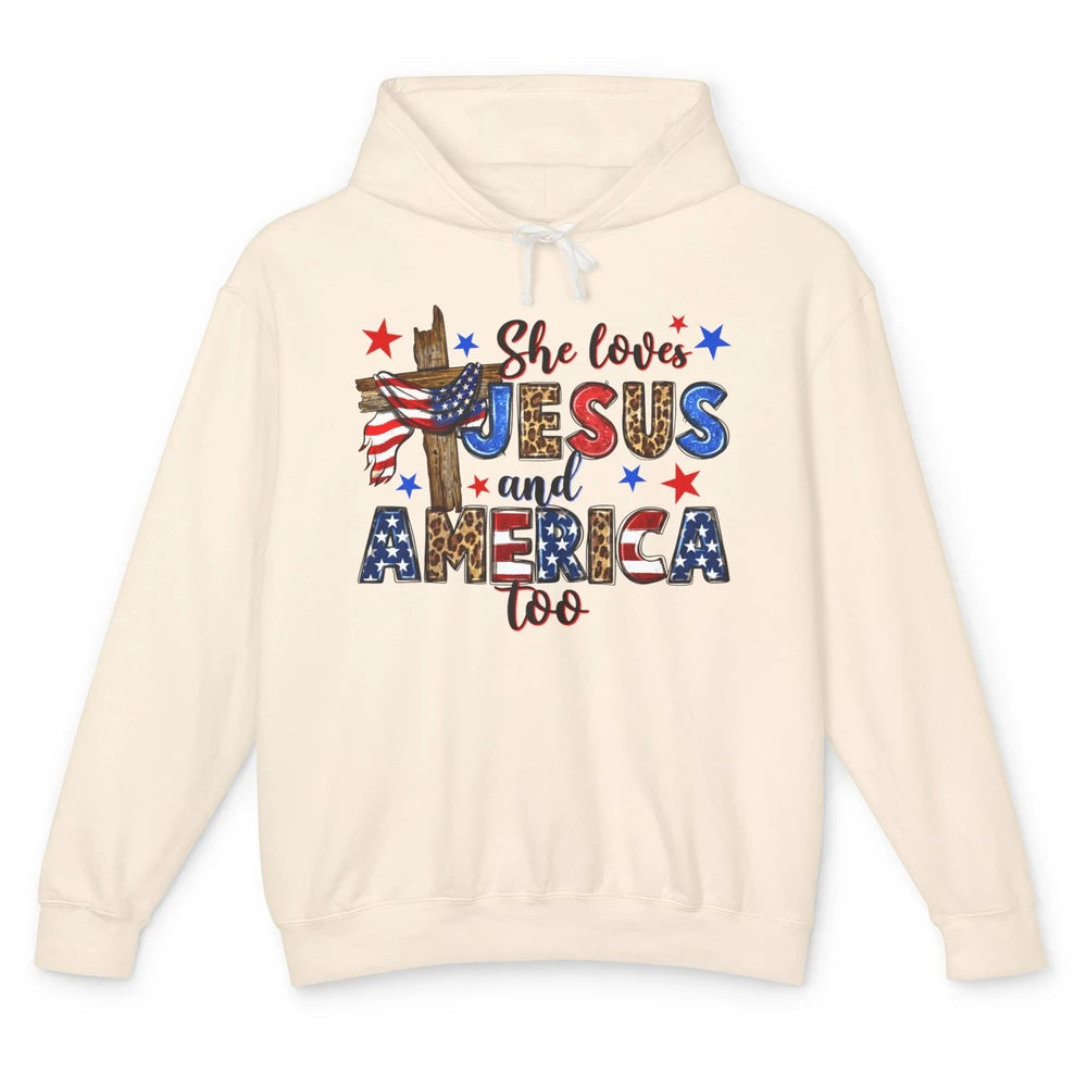 She Loves Jesus And America Too Leopard USA Flag 4th Of July Unisex Lightweight Hoodie